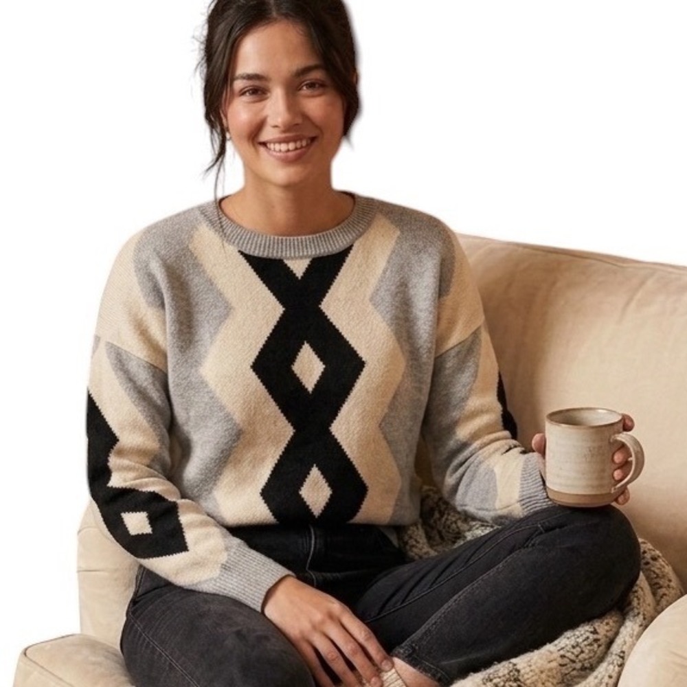 Truth by Republic Womens Gray Cream Black Geometric Intarsia Knit Sweater Medium